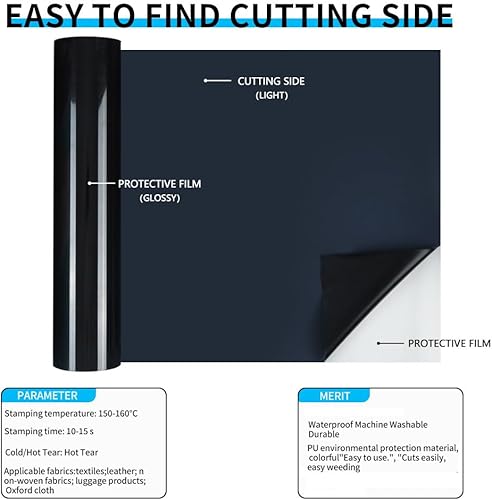 Miniatura 3 de guangyintong Rollos de vinilo de transferencia de calor negro, vinilo negro para planchar de 12 pulgadas x 35 pies para camisetas, vinilo HTV negro