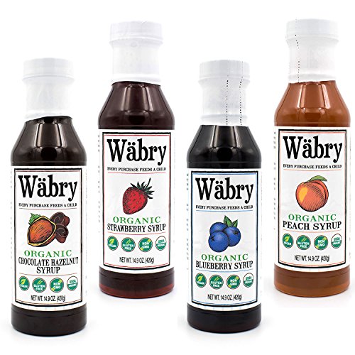 Image of Wabry Organic Syrup 14.9 oz Chocolate Hazelnut, Strawberry, Blueberry, Peach (Variety 4 Pack) BPA-Free Plastic