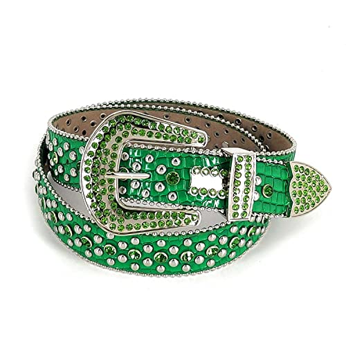 Rivet Hip-Hop Leather Belt Rhinestone Belt Dancing Party Waistband Mens Green