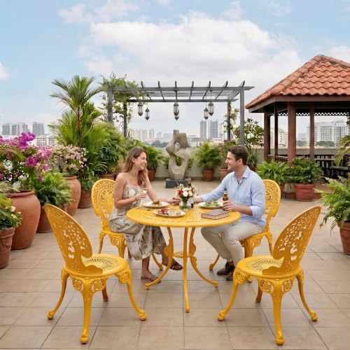Image of BRISHI Cast Aluminium Garden Patio Seating Chair and Table Set for Balcony Outdoor Furniture with 1 Table and 4 Chair Set (Yellow)