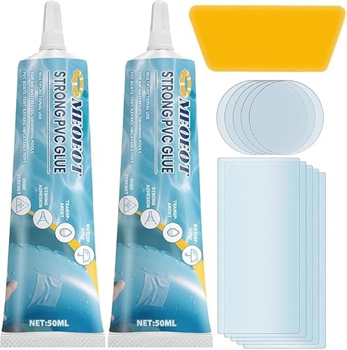 Meoeot Kit Riparazione Piscina, con Toppe per Piscina Colla PVC Trasparente, Impermeabile e ad Alta Resistenza Riparazione Piscina, Materassini, Letti ad Aria, Barche in PVC, Piscine, Tende (50ml*2)