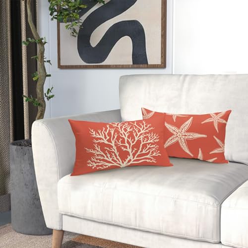 Image of Summer Sea Starfish Pillow Cover 12x20 Inch Set of 2 Beach Pink Coral Lumbar Throw Pillowcase Cotton Linen Square Decorative Nautical Coastal Themed Cushion Cover for Sofa Bedroom Indoor Outdoor Party