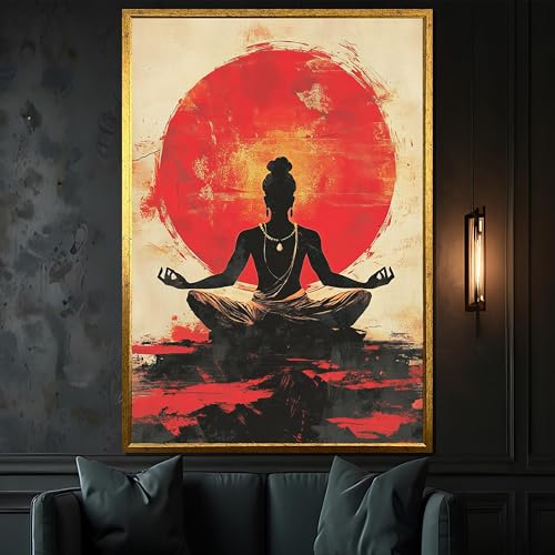 Tableau de méditation yoga XINBAO avec soleil rouge | Toile grand format 60x90cm cadre intérieur