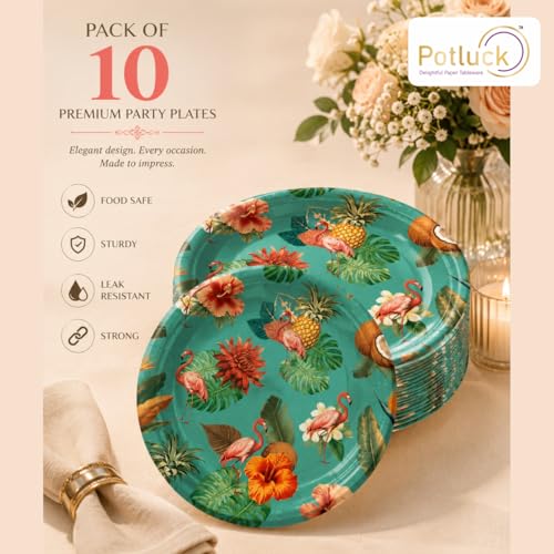 Image of Potluck Flamingo Grove Disposable Paper Plates | Pack of 10 | 9 Inch Strong Leakproof Food Grade Plate for Parties, Events, Snacks, Kids Animal Theme Party & Meal Serving Pack