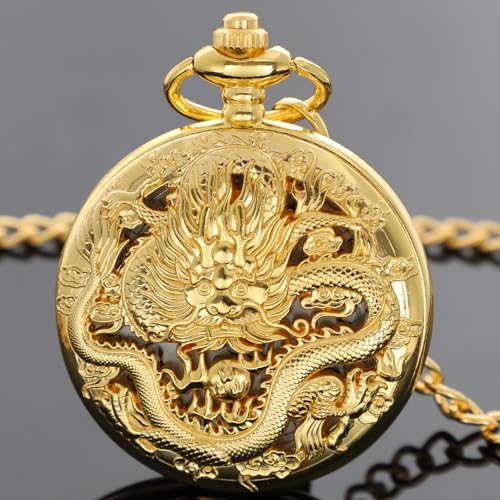 Image of Dragon Design Quartz Pocket Watch Roman Numerals with Chain Birthdays Gifts for Father's Days