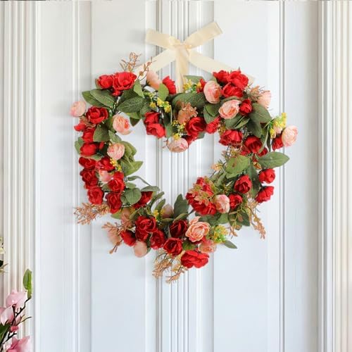17.7 Inches Heart Rose Wreath Pink Floral Valentine Wreath with R...