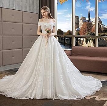 Amazon | [hanamaya] ウェディングドレス 一字襟 白 花付き