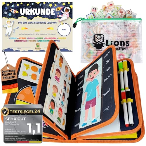 Lion’s Collection Montessori Busy Board Deutsch ab 3 Jahre – Busy Book & Activity Board für Kinder – Motorikbuch & Lernbuch – Reisespielzeug für Auto, Zug & Flugzeug