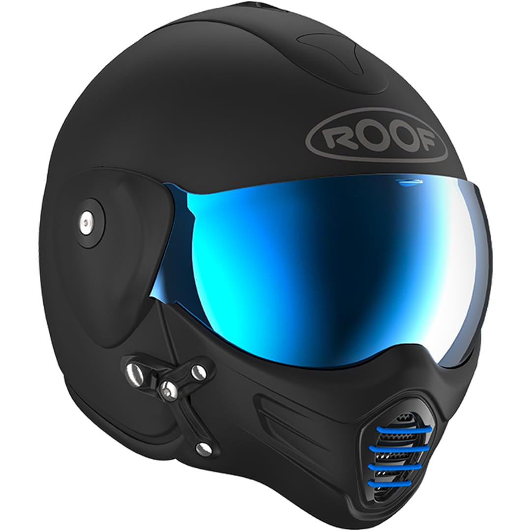 Casque Moto Jet Haut De Gamme ROOF Roadster en Fibre De Verre avec Mentonnière Amovible Magnétique Écran Iridium Inclus– Couleur Iron Noir Mat/Bleu - Offre Directe Usine - Garantie 4 Ans