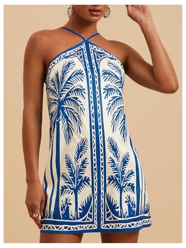 MakeMeChic Women's Tropical Print Halter Dress Tie Backless Spaghetti Strap Boho Short Dresses4