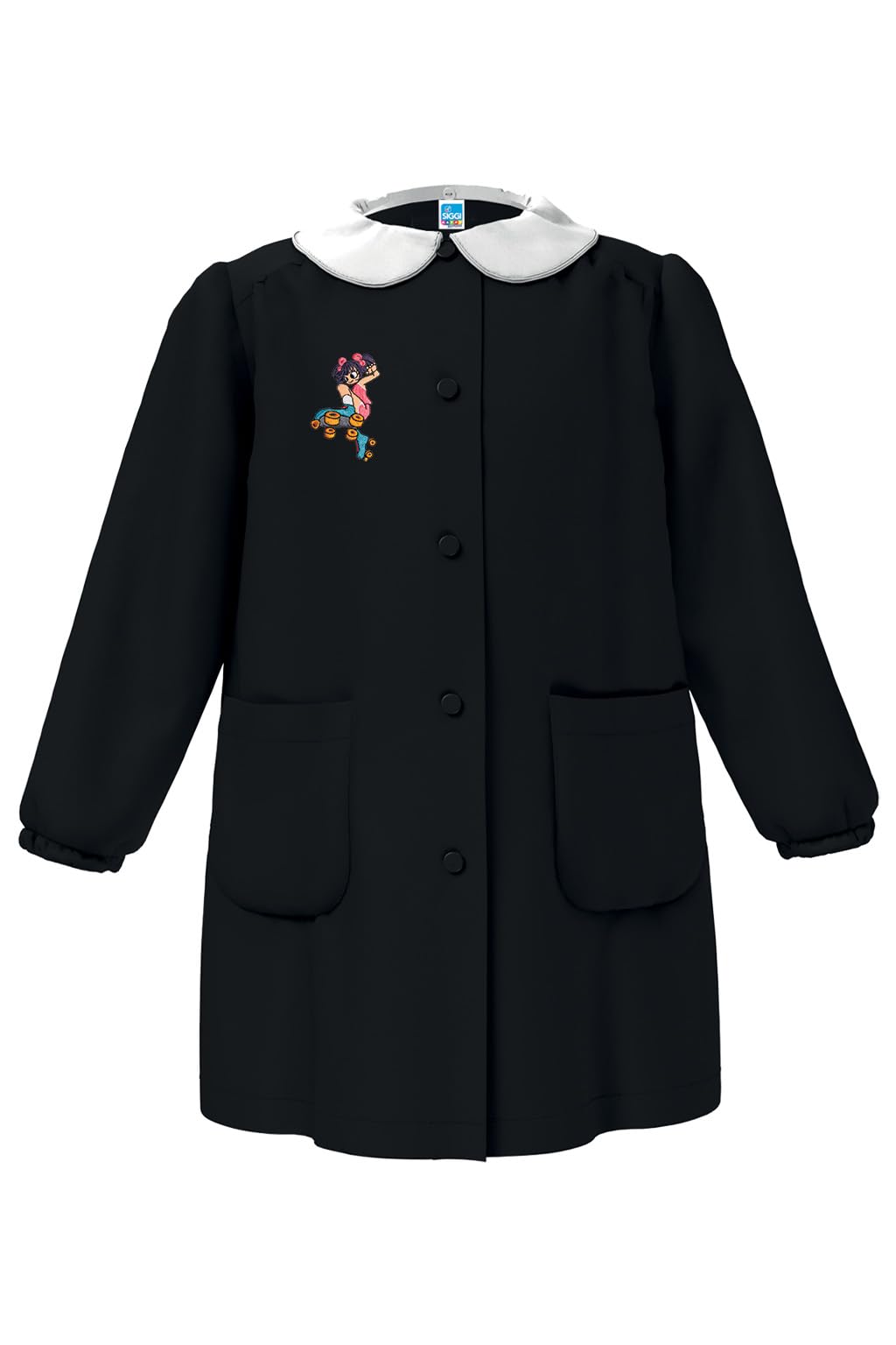 Siggi Grembiule Bambina Divisa Scuola Primaria, Colore Nero, Ricamo Skater, Chiusura Bottone a Pressione
