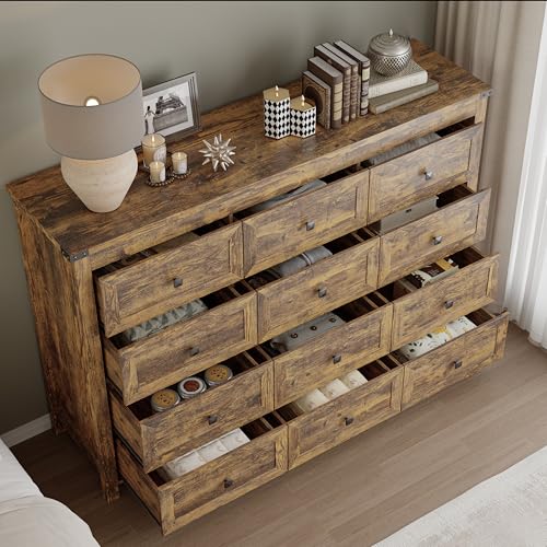 Image of BORNOON 12-Drawer Dresser, Modern Wooden Storage Chest of Drawers, Dresser TV Stand, Wood Drawer Organizer with Metal Handles for Bedroom, Living Room, Hallway