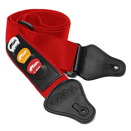 Tiger Correa de guitarra con soportes de púa, Estándar, Rojo