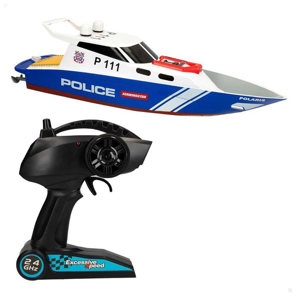 ColorBaby 47674 Racing Boat Boat Police Radiocontrol, 36x10x10 cm, Pilot zdalnego sterowania, 6 kierunków, 2,4 GHz, zasięg 35-40 m, łódź RC, zabawki dla dzieci, 4 lata
