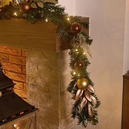 Valery Madelyn 9 Ft Pre-Lit Christmas Garland with Lights for Mantle, Lighted Outdoor Xmas Garland with Copper Gold Balls Norfolk Pine for Home Stairs Fireplace Table Centerpiece Indoor Holiday Decor by Valery Madelyn - Image 3