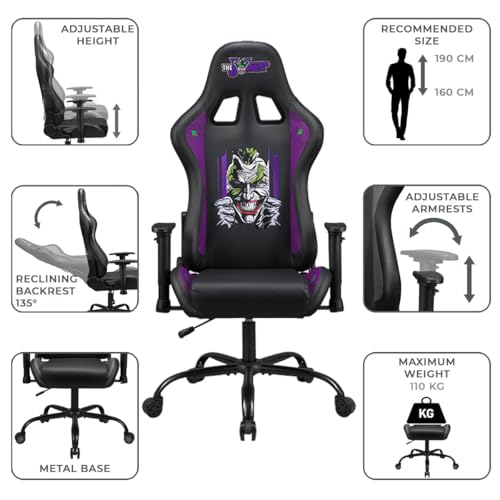 Joker - Gaming Stuhl oder Bürostuhl, Gamer Sessel für Erwachsene, Bequeme Sitzfläche, integrierte Kopfstütze, Armlehnen und Höhe verstellbar, ergonomische Rückenlehne - Schwarz.