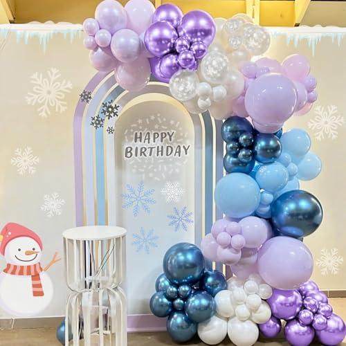 Image of Blue Purple Snowflake Balloons Set, 12 Inch Metallic Blue Purple Balloon Snowflake Confetti Latex Balloons Metallic Silver Girls Birthday Party Decoration for Children Winter Birthday Party Supplies