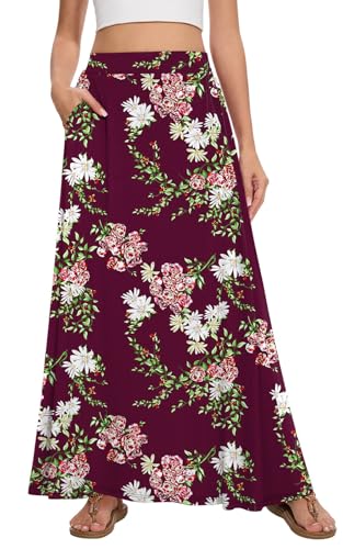 Image of Womens Maxi A-line Long Skirt Casual 2026 Elastic High Waist Flowy Skirts with Pockets