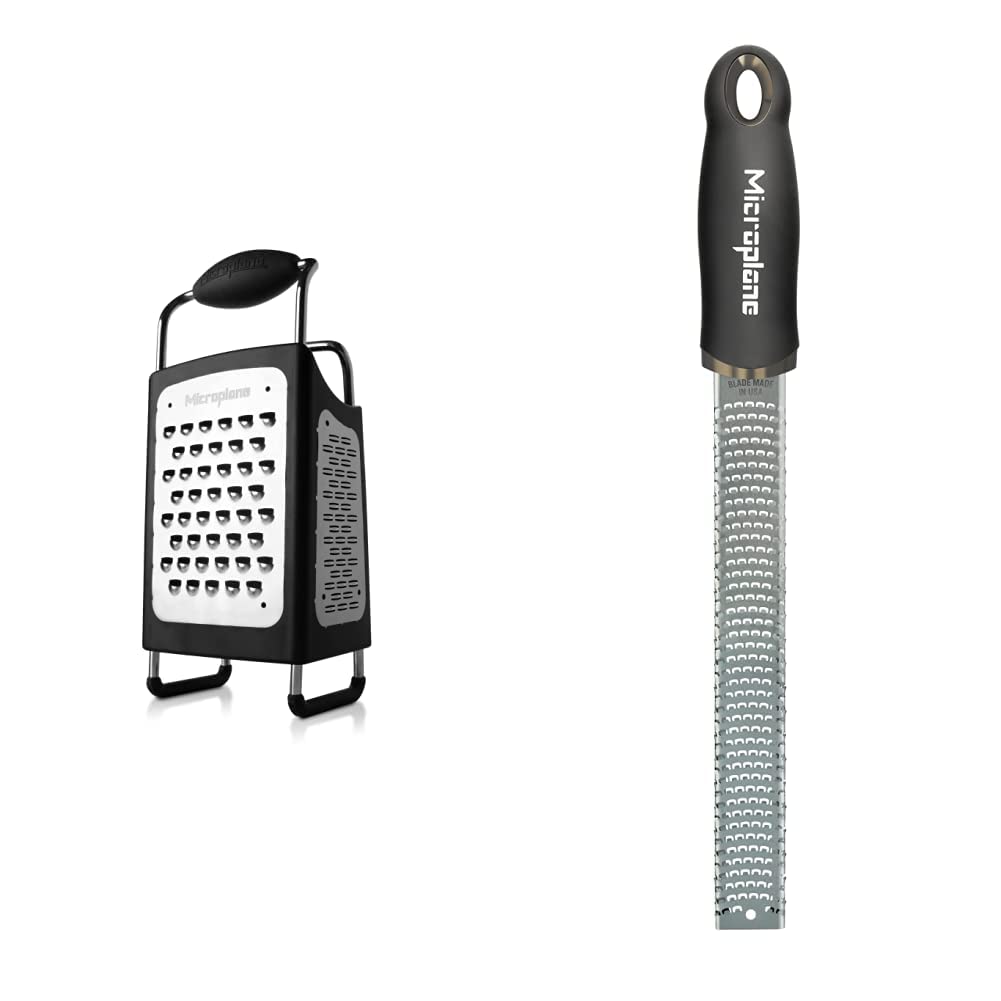 Microplane Rallador Caja 4 Caras, Acero Inoxidable, Negro, 27x13.90x9.5 cm & Zester Rallador, Acero Inoxidable, Negro, 32.50x3.5x2.56 cm