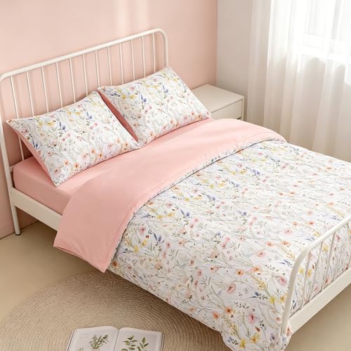 Image of Twin Bedding Sets for Girls, 5 Piece Pink Boho Kids Comforter Set, Soft Microfiber Twin Bed in A Bag Includes Comforter, Flat Sheet, Fitted Sheet, 2 Pillowcase (Wildflower)