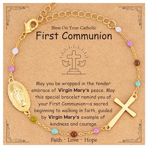 Jesvo First Communion Gifts for Girls Catholic Virgin Mary Cross Bracelets Christian Religious Jewelry 1st First Holy Communion Decorations Ideas Favors for Teen Kids Girls Age