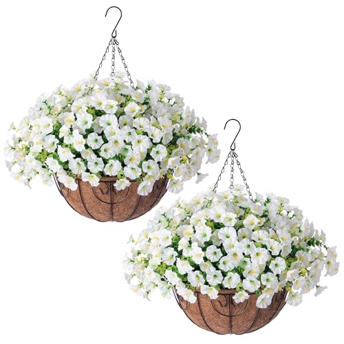 2 Set Artificial Hanging Flowers Baskets for Outdoors Faux Spring Plants, 24 Pcs UV Resistant Faux...