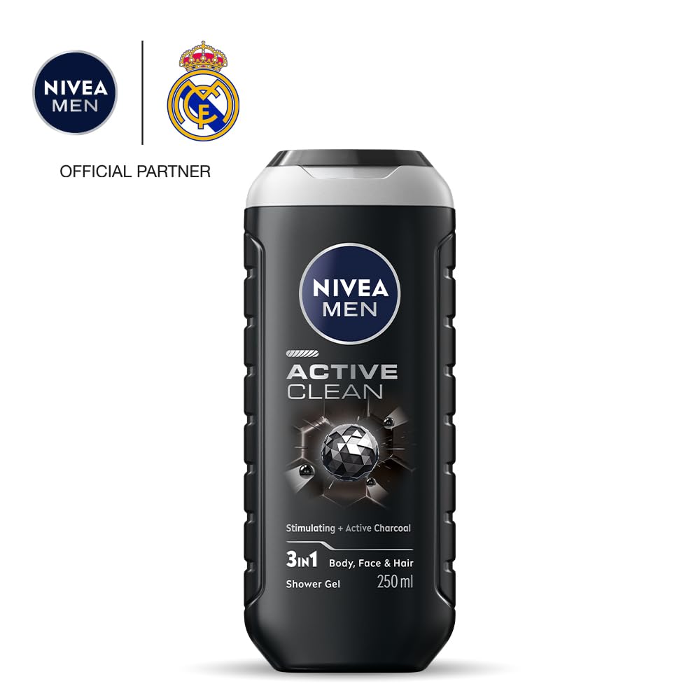 NIVEA Men Body Wash, Active Clean with Active Charcoal, Shower Gel for Body, Face & Hair, 250 ml