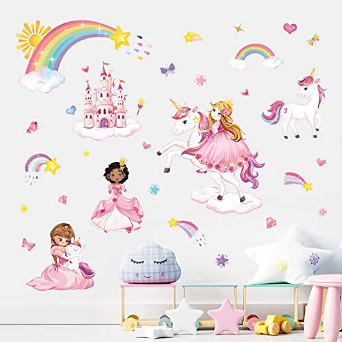 wondever Princess Unicorn Wall Stickers Castle Rainbow Peel and Stick Wall Art Decals for Girls Bedroom Kids Room Baby Nursery - Image 3