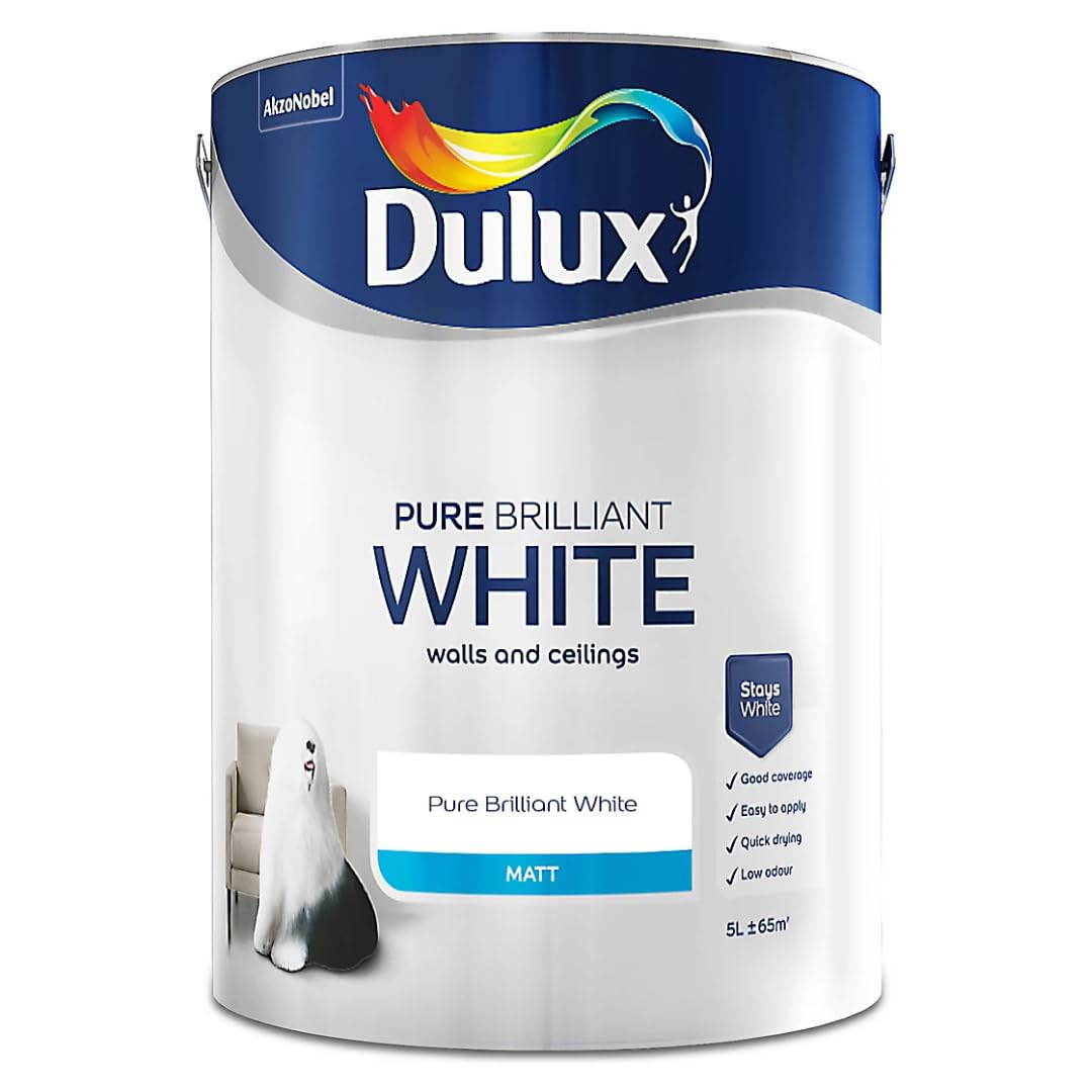 Pure Brilliant White Walls & Ceilings Matt Emulsion Paint 5L โ Smooth Creamy Finish, Quick Dry, Low VOC, Easy Application for Interior Walls & Ceilings