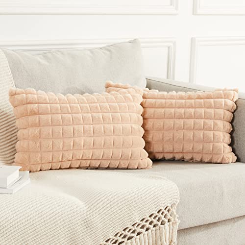 Joyouth Faux Fur Plush Throw Pillow Covers 12X20 Inch Set Of 2 - Square Decorative Pillowcase Checkered Soft Fuzzy Cozy Cushion Case For Couch,Sofa,Living Room - Camel #TOP6