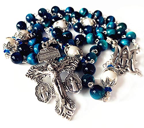 elegantmedical HANDMADE Peacock Blue Tiger Eye Beads Prayer Beads & (AAA) 10mm Pearl Catholic 5 Decade Rosary Cross Necklace Gift Box Italy Parden Crucifix