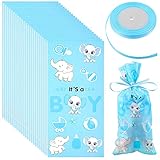 100 Pieces Elephant Cellophane Bags Cute Elephant Treat Bags with a Roll of Ribbon for Chocolate Candy Snacks Cookies Baby Shower Elephant Themed Party Supplies, It's a Boy