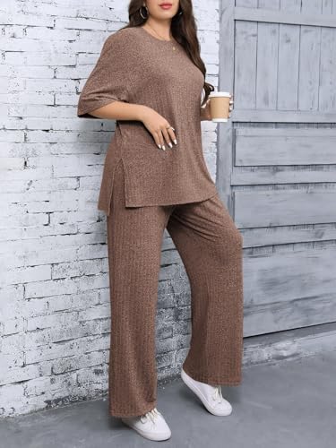 Beautife Womens Plus Size 2 Piece Lounge Sets Ribbed Short Sleeve Tops and Wide Leg Pants Set Travel Airport Outfits3