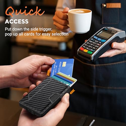 Pop-Up Wallet for Men - Father's Day Gift- Slim Metal RFID Blocking Card Holder, Holds 10 Cards with Money Clip & Magnetic Closure (Carbon Fiber)2