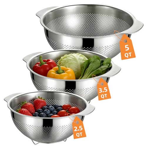 Image of Colanders & Food Strainers,Stainless Steel Colander,3 Pcs Kitchen Strainers(2.5QT, 3.5QT, 5QT) for Pasta, Rice, Vegetables,Dishwasher Safe Metal Colander with Handles,Kitchen Gift