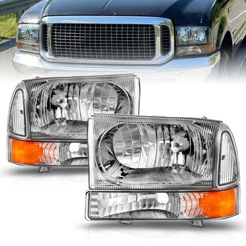 AmeriLite for 1999-2004 Ford Super Duty F250 F350 F450 F550 | Excursion Chrome Factory Style Replacement Headlights w/Corner Bumper Corner Set - Passenger and Driver Side