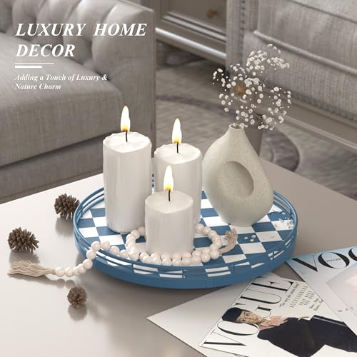 Image of Premium Rubber Wood Lazy Susan Turntable, Blue White Checkerboard Decorative Serving Tray, Hand-Welded Metal Railing, Stable Rotating Organizer for Dining Table, Kitchen Counter, Coffee Table Decor