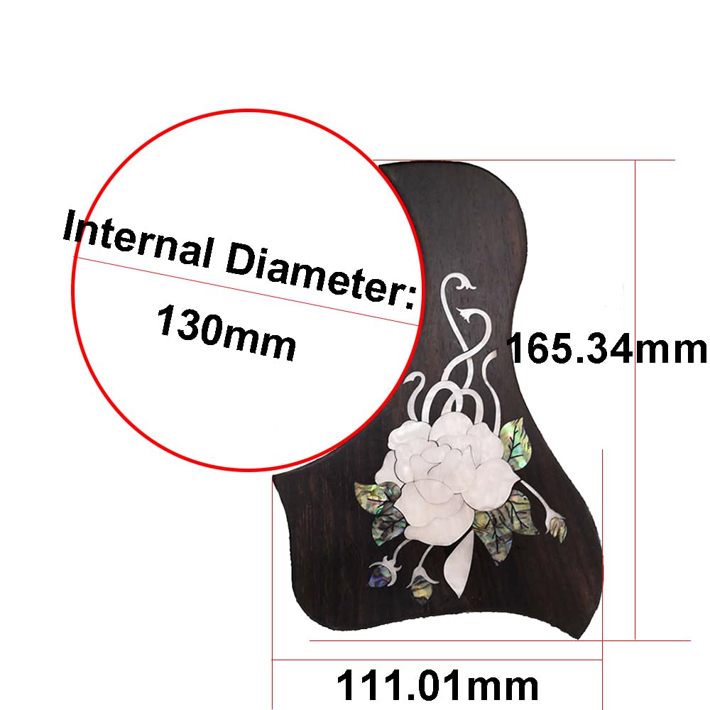 Acoustic Guitar Pickguard with Mother of Pearl Rose Inlay, Abalone Shell Leaves, Black Rosewood Soild Rosewood Guitar Pickguard Abalone Celluloid Inlay 111.01 * 165.34mm Internal Diameter 130mm