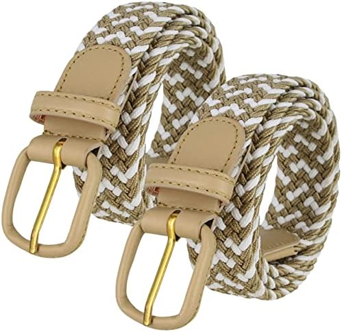 2 Count 7001 Leather Covered Buckle Woven Elastic Stretch Belt 1-1/4"(32mm) Wide (Beige/White, S)