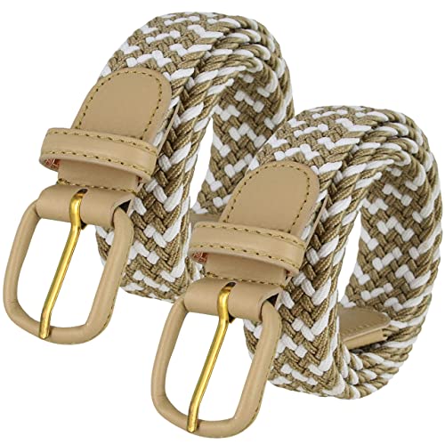 2 Count 7001 Leather Covered Buckle Woven Elastic Stretch Belt 1-1/4"(32Mm) Wide (Beige/White, S) #TOP5