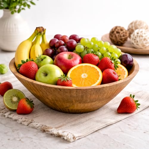 Image of Decorative Wooden Bowl | Natural Finish Fruit & Serving Bowl | Lite Brown Handcrafted Wooden Bowl for Home Decor & Kitchen
