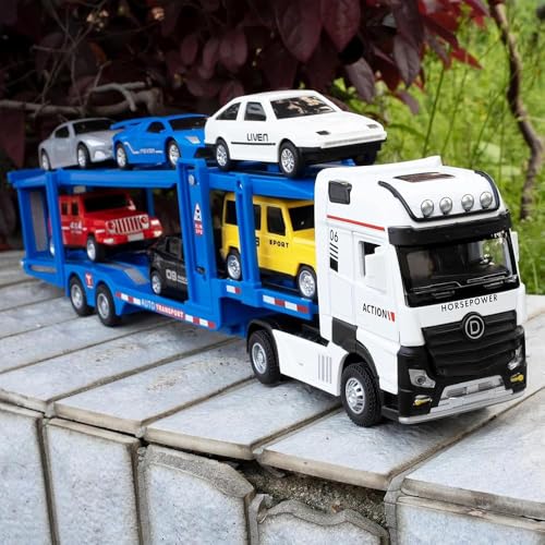 Image of 7-in-1 Die-Cast Carrier Truck Toy | Transporter Trailer with Lights, Sound & Pull-Back Action for Kids