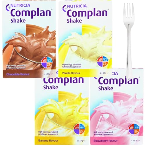 Nutritional Drinks Bundle - Variety Pack of Strawberry, Chocolate, Banana, and Vanilla Flavoured Mix at Home Powders with Mixing Fork - 16 x 57g Sachets
