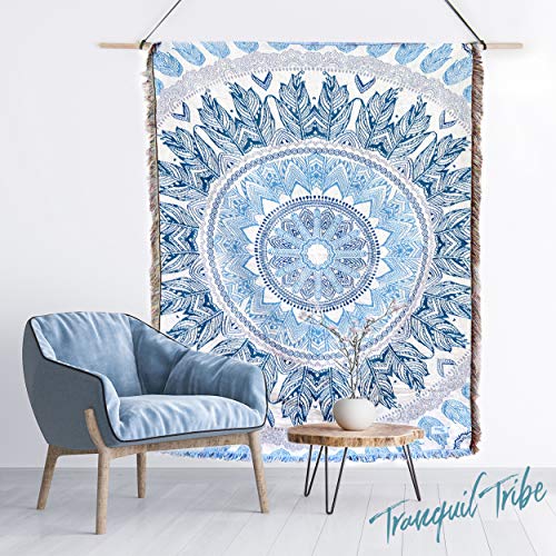 Tranquil Tribe Boho Blanket For Meditation Yoga & Living - Reversible Blue Grey Mandala Tapestry, Yoga Gifts, Woven Indoor Outdoor Rug, Great Beach Travel Picnic Blanket, Sofa Couch Bohemian Bed Throw thumb #5