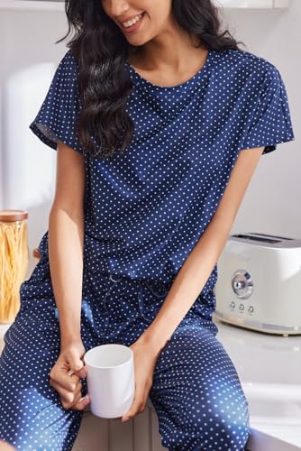 Image of Ekouaer 2 pack Pajama Sets for Womens Jogger Pants Pjs Short Sleeves Lounge Set Soft Sleepwear with Pockets Grey Bows and Blue Dots S