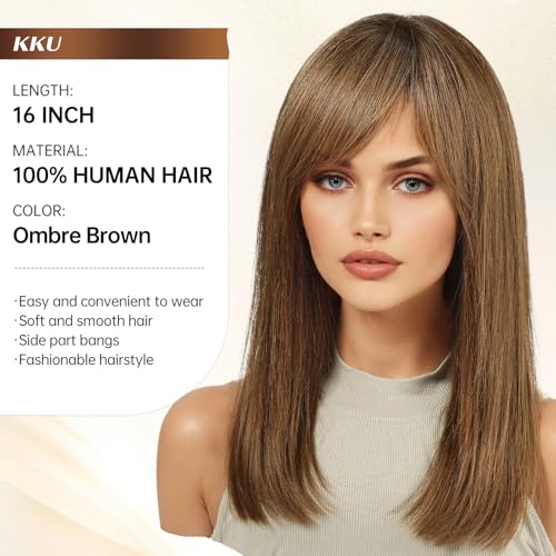 Image of KKU 16 Inch Ombre Brown Human Hair Wigs for Women, Straight Human Hair Wig with Bangs,Remy Human Hair Wigs,Daily Wig