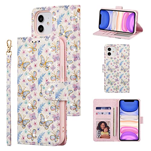 UEEBAI Wallet Case for iPhone 11 6.1 inch, PU Leather Phone Case Kickstand RFID Blocking Flip Case with Card Slots Wrist Strap Relief Engraved Pattern Magnetic Closure Folio Case - Butterfly