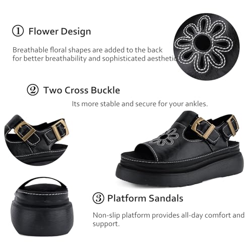 Image of Black Platform Sandals for Women Chunky Ankle Buckle Casual Open Toe Comfortable Flower Decoration Fisherman Sandals Sizes 9