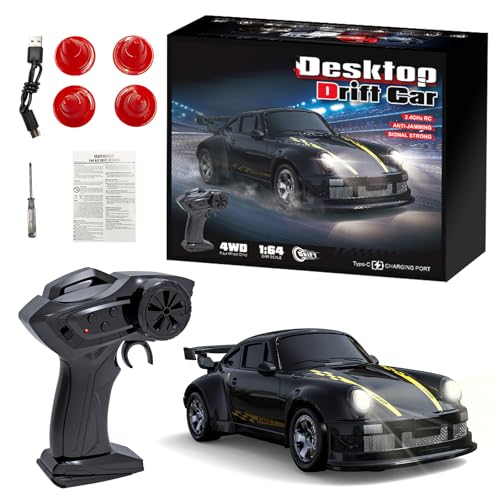 Image of 1:64 Scale Mini RC Drift Car, 2.4GHz 4WD Desktop Drift Car (Black) | Handheld Drift Car, Full Proportional Model Vehicle with LED Lights, Multiple Drift Modes, Racing Sport Toy for Adults Teens