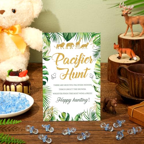 Image of Thyle 51 Pcs Safari Jungle Animals Pacifier Hunt Baby Shower Games Include Hunt Sign and 50 Acrylic Pacifiers for Wild Animals Baby Shower Game Decoration Gift Sets Gender Reveal Party Decor